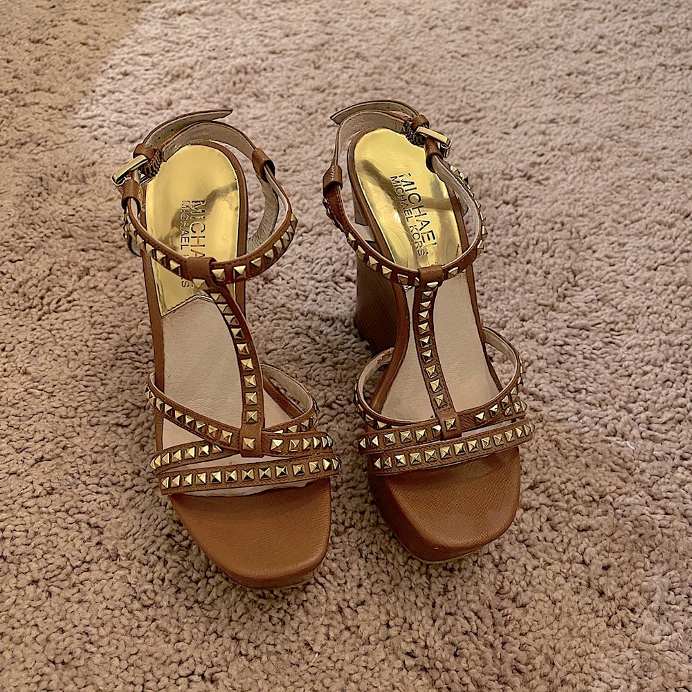 Michael Kors Gold & Brown Studded Wedge Sandals